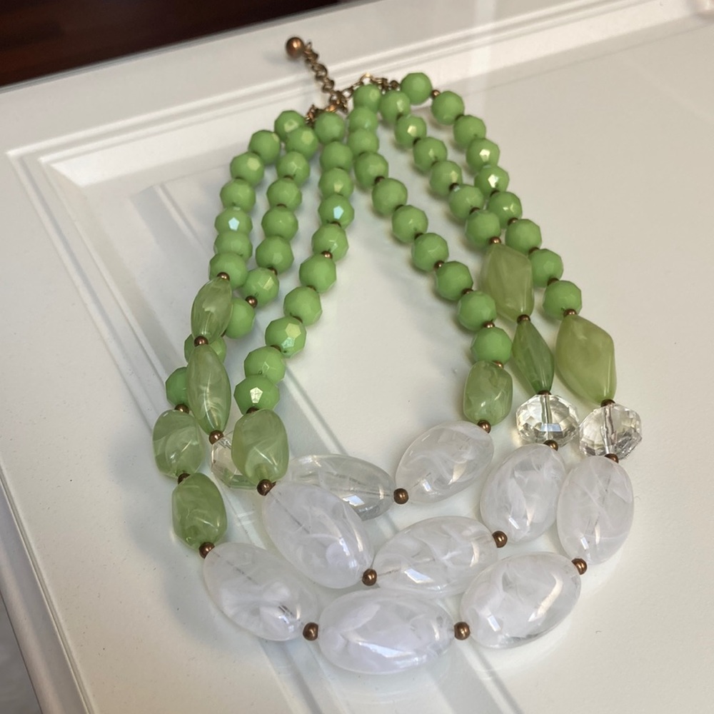 Stunning pale greens and white three layer glass beaded necklace - just lovely!